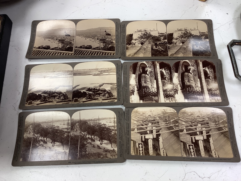 A 'Sun Sculpture' stereoscopic viewer and a large collection of Underwood and Underwood stereoscopic cards, many depicting Chinese
